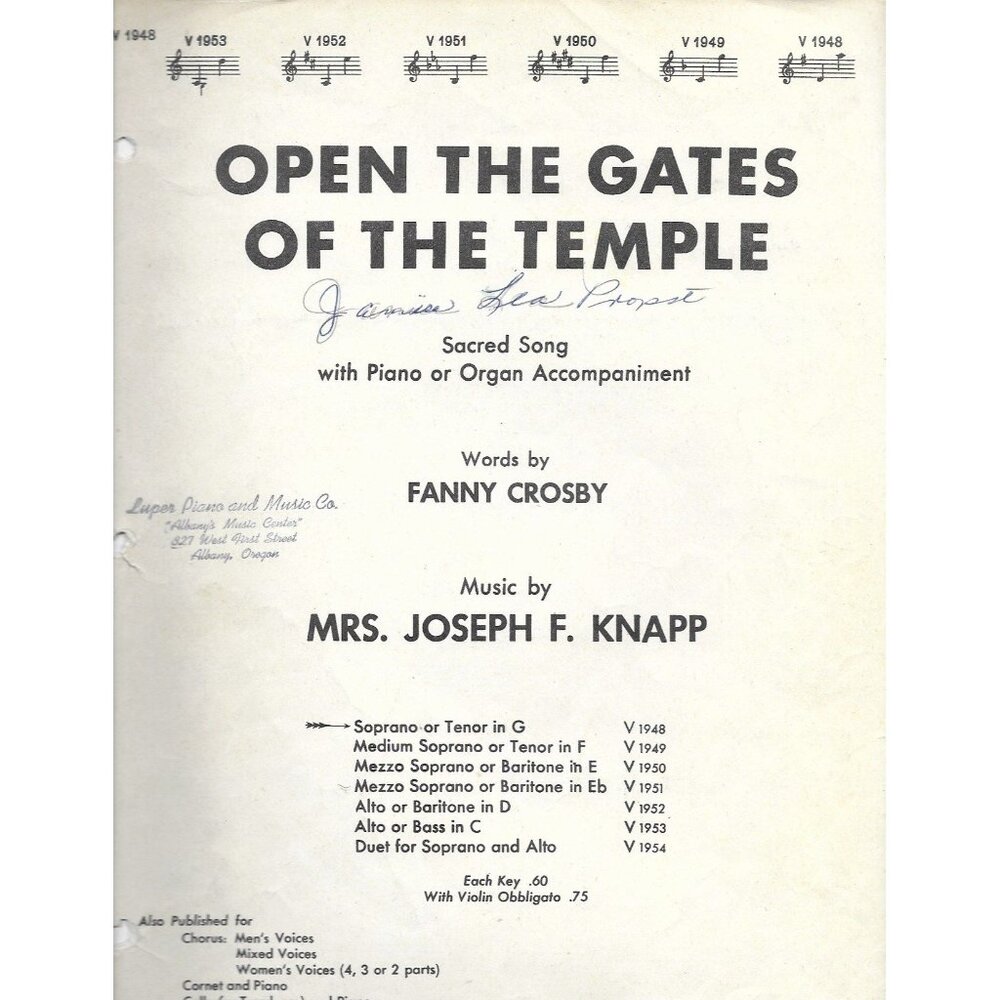 Open the Gates Temple 1903 Fanny Crosby Soprano Tenor G